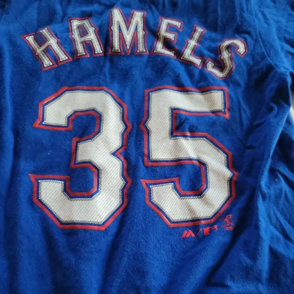 Texas Rangers Shirt Boys 4 Blue Red Crew Neck Short Sleeve Hamels 35 Comfort Top